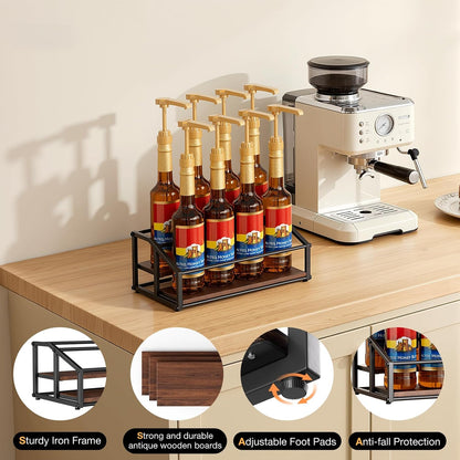 kimilus Coffee Syrup Organizer Rack, Liquor Bottle Display Shelf, 2 Tier 10 Syrup Bottles Holder Stand for Coffee Bar Kitchen Small Wine Rack for Family Storage for Syrup Wine Dressing