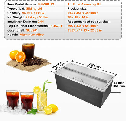 Happybuy Drop in Ice Chest 18L x 12W x 14.5H Inch Stainless Steel Ice Cooler with Sliding Cover Drop in Ice Bin Included Drain-Pipe and Drain Plug for Cold Wine Beer