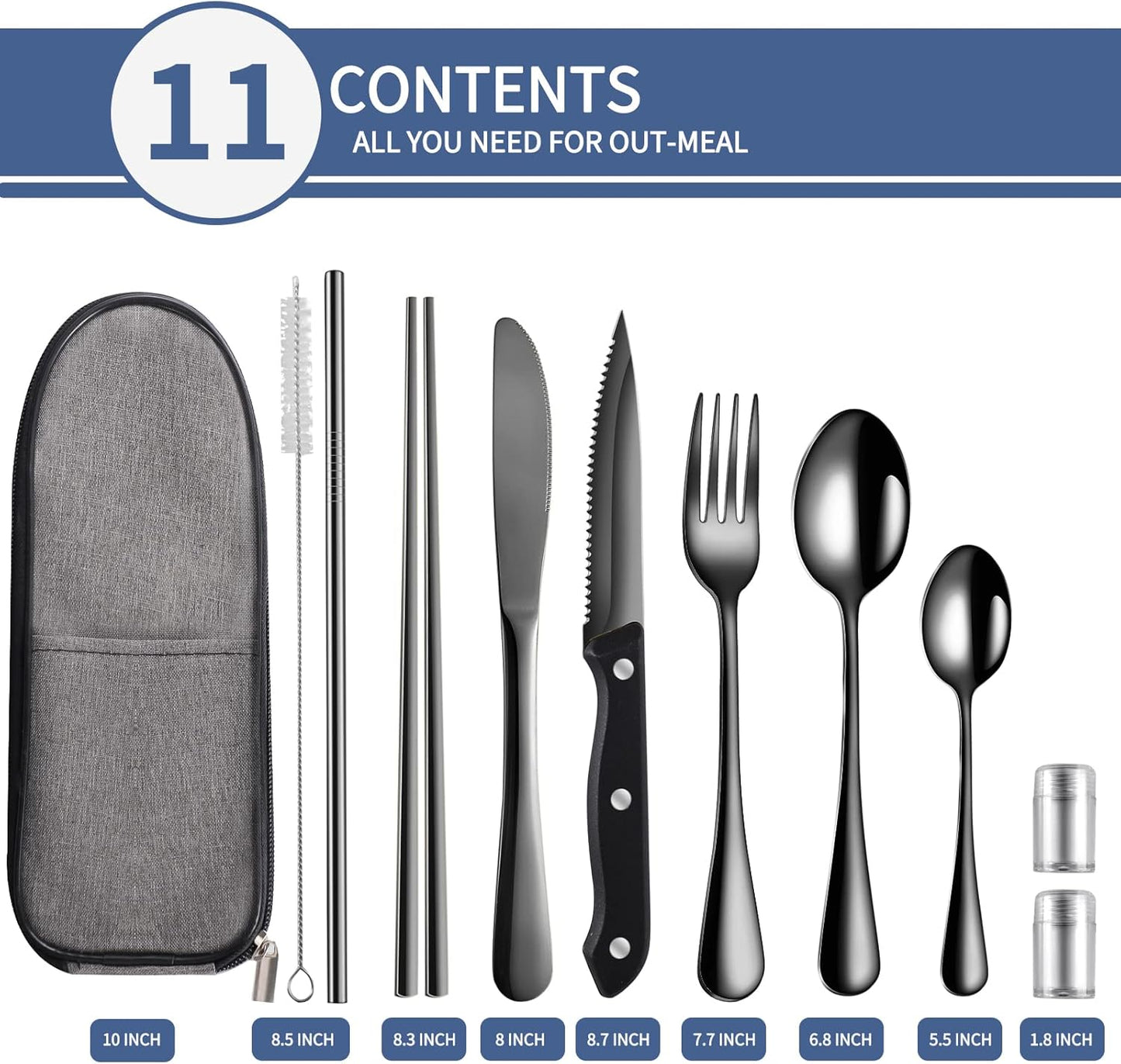 Logcow Travel Utensils Set with Case, 10-Piece Reusable Stainless Steel Camping Cutlery, Portable Fork Spoon Knife Chopsticks & Straw for Work, Lunch, Picnic (Rainbow)