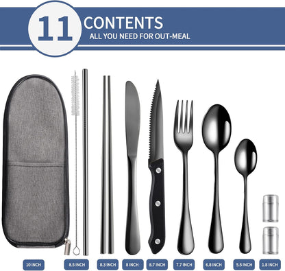 Logcow Travel Utensils Set with Case, 10-Piece Reusable Stainless Steel Camping Cutlery, Portable Fork Spoon Knife Chopsticks & Straw for Work, Lunch, Picnic (Rainbow)
