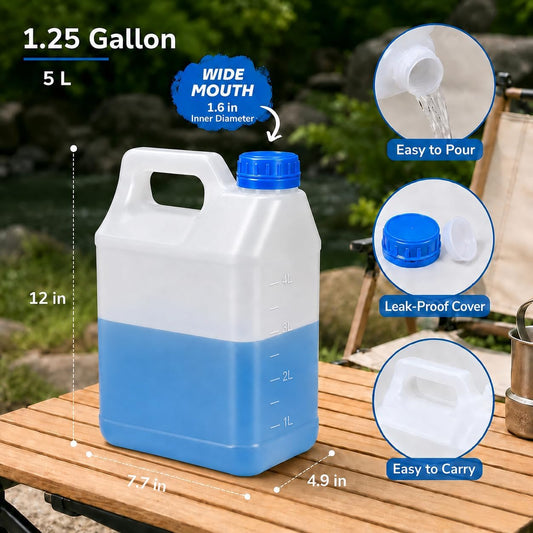 2 Pack 1.25 Gallon Food Grade Plastic Jug, HDPE Square Container with Graduated Scale & Leakproof Wide Mouth Lid, Translucent Water Jug for Milk, Beverage, Oil, Fermentation & Brewing, 4 Labels