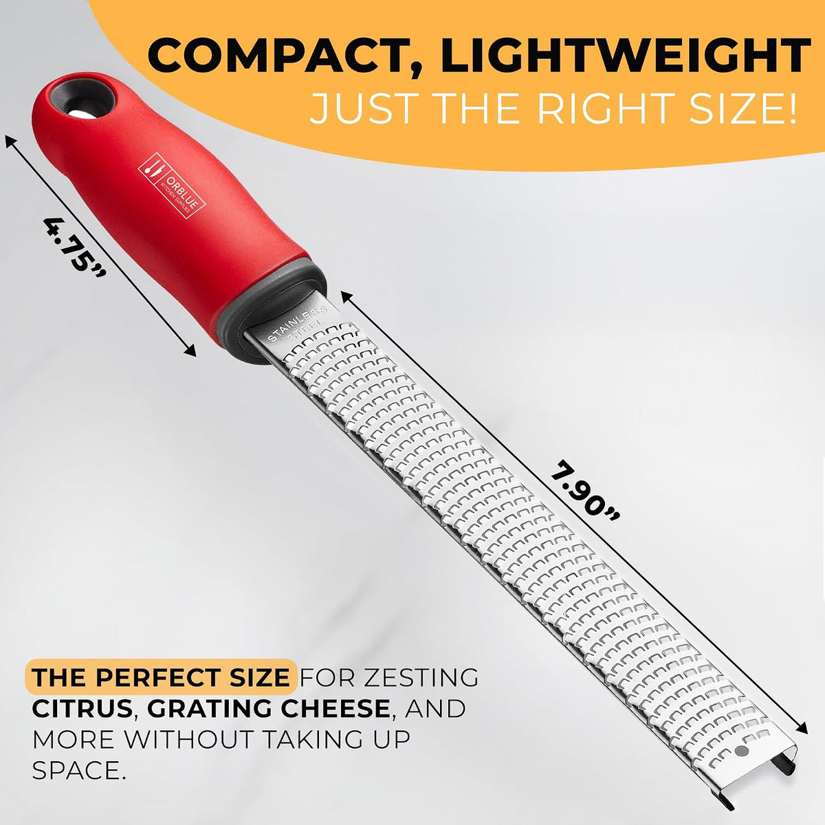 Orblue Lemon Zester & Cheese Grater - Premium Citrus Zester, Kitchen Grater for Parmesan, Chocolate, Fruits, Vegetables, Ginger, Garlic, Nutmeg - Stainless Steel Blades with Protective Cover, Gray
