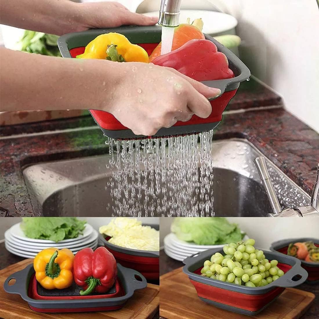 Colander Strainer Collapsible 3 sets with expendable handles, square collapsible colander, strainer with long handle