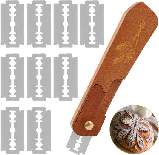 Wooden Bread Lame,Reusable Dough Scoring Tool,Sourdough Scoring Tool with Screw Lock & 10 Razor Blades,Handcrafted Bread Scoring-Tool for Sourdough Breads Baking