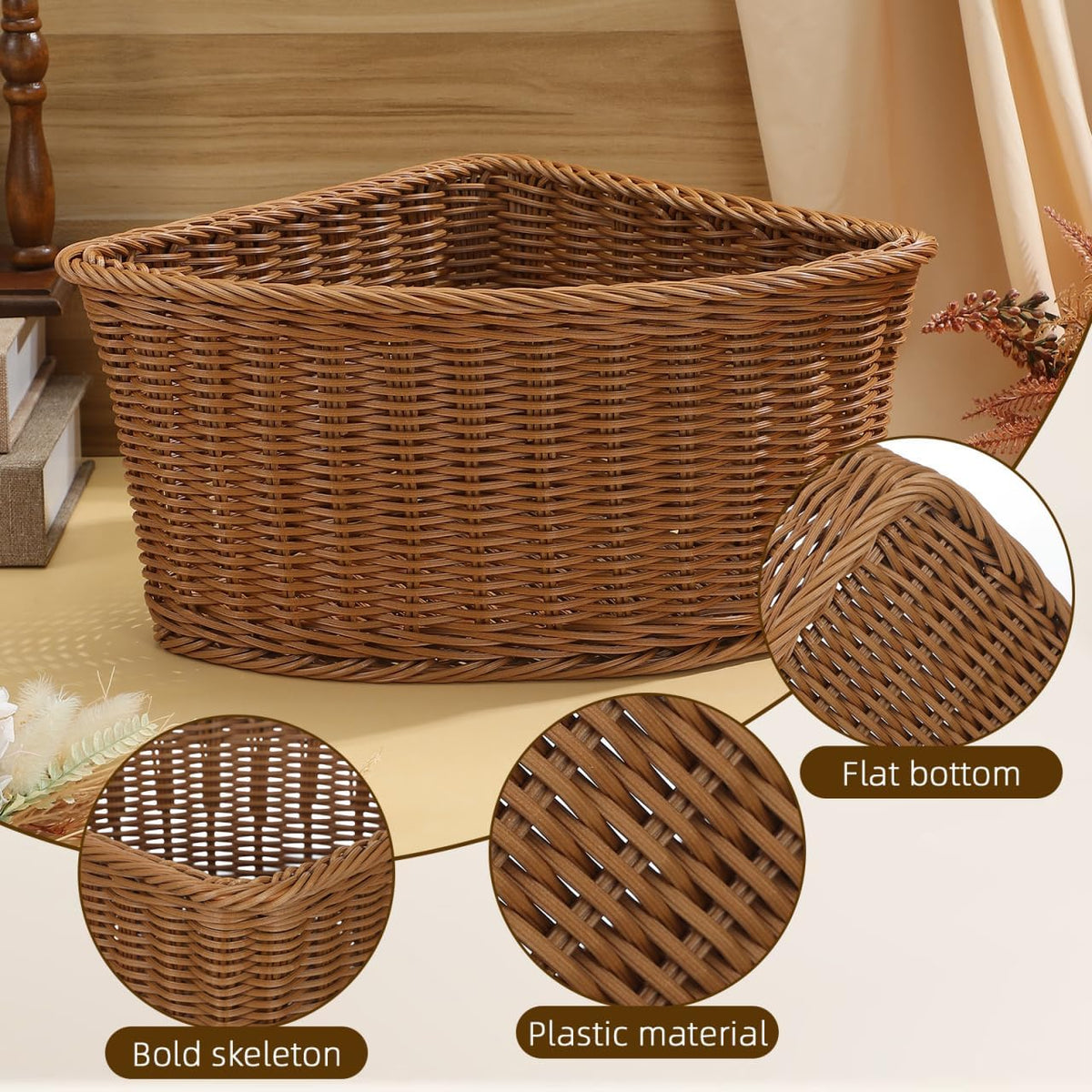 Hemobllo Corner Storage Basket, 90 Degree Triangle Countertop Organizer Bin for Kitchen Bathroom Pantry, Handwoven Plastic imitation Rattan with Metal Frame, Light Brown