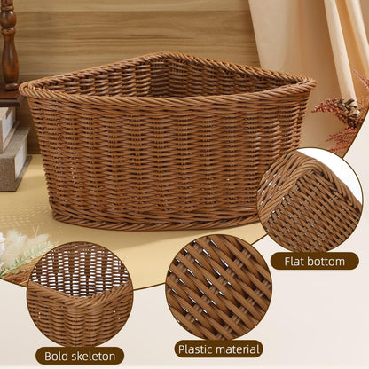 Hemobllo Corner Storage Basket, 90 Degree Triangle Countertop Organizer Bin for Kitchen Bathroom Pantry, Handwoven Plastic imitation Rattan with Metal Frame, Light Brown