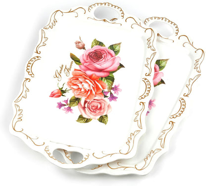 Nicunom 3 Pack Melamine Serving Tray with Handles, Floral Serving Trays Stackable Food Tray for Eating Unbreakable Large Serving Platter for Party, Decor, Home, Restaurant, Gift,16" L x 11" W