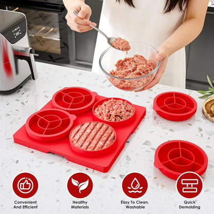 Hamburger Patty Press Maker, Silicone Burger Press Mold with Lid,4 Sealed Cavities,4.5 inch, Adjustable Thickness (1/4-1/2lbs) Hamburger Patty Container, Non-Stick,for Grill, BBQ, Meal Prep