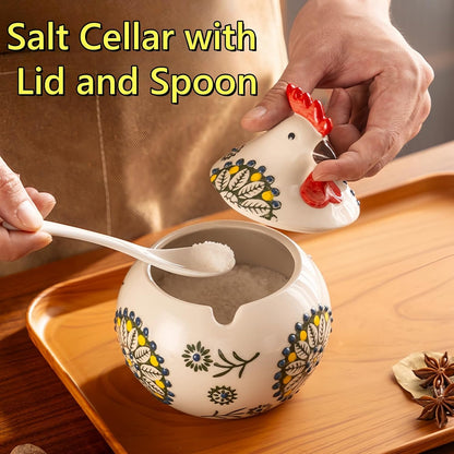 Ceramic Chicken Salt Cellar with Lid and Spoon, 13 OZ Chicken Decor, Blue