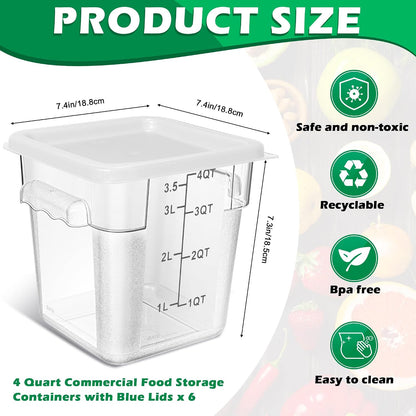 Yungyan 6 Pcs Commercial Clear Food Storage Containers 4 Qt Square Acrylic Airtight Food Storage Containers with Lids for Kitchen Restaurant Pantry Freezer Flour Sugar(Red)