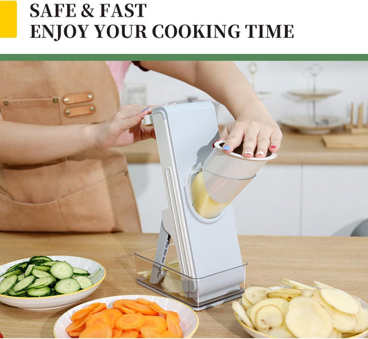 Safe Mandoline Slicer for Kitchen, Adjustable Vegetable Slicer, Julienne Slicers, Cut Resistant Stainless Steel Blades, Potato Fry Cutter, Onion Chopper, Detachable, Dishwasher Safe, Kitchen Gadgets