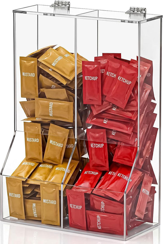 1 Pcs Divided Condiment Bin with Lid 2 Compartment Condiment Packet Organizer Sugar Packet Wrapped Candy Caddy Clear Acrylic for Bakery Restaurant Retail Stores, 8.5" W x 4" D x 12.25" H