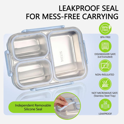 Stainless Steel Bento Box, 3 Compartments Leakproof Stainless Steel Snack Containers, 25 oz Premium 304 Metal Lunch Box for Adults, BPA-Free, Dishwasher Safe (Blue)