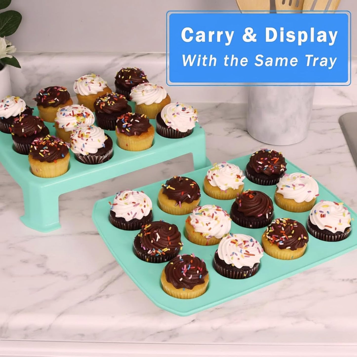 EXTRA TALL Cupcake Carrier 24 Count, 24 Cupcake Holder with Lid -Spacious 3.5” Tall Tiers Accommodate 24 Tall Frosted Cupcakes, Won't Smush! Cupcakes Containers Muffin Storage Container/ Muffin Holder