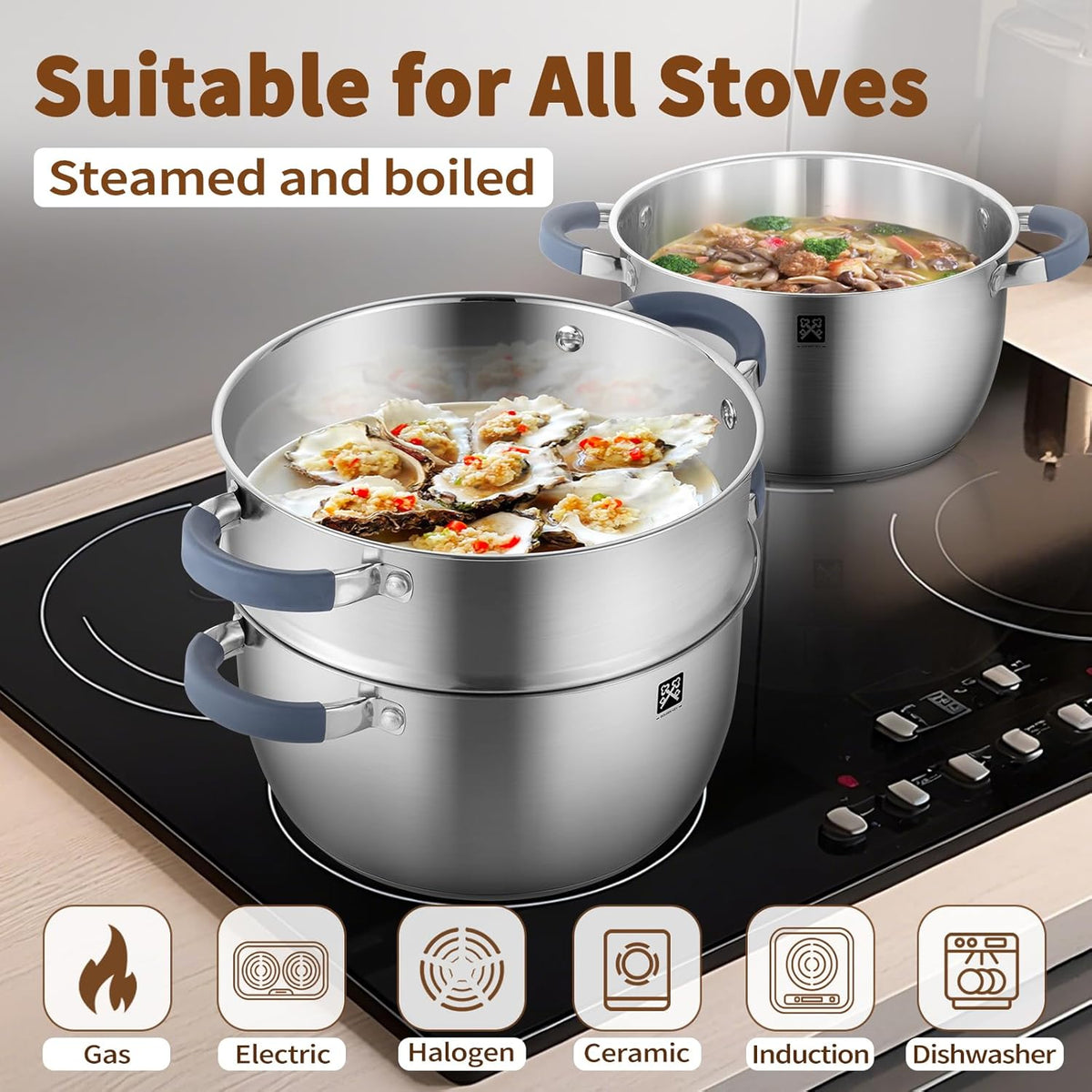 GOLDEN KEY 3.2 QT Steamer Pot With Lid - 2-Tier 18/8 Stainless Steel，Multipurpose Steaming Cookware with Vegetable Steam Basket, Oven & Dishwasher Safe, Triple Bottom for Even Heating, Perfect for Dumplings, Seafood and Vegetables