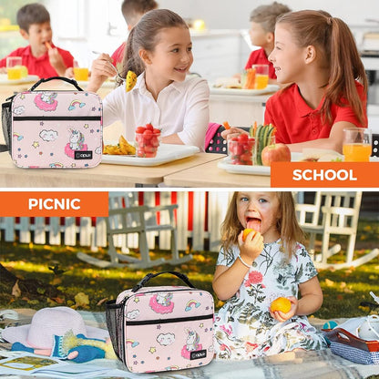 opux Insulated Lunch Bag Kids, Lunch Box for School Boy Girl, Leakproof Small Reusable Compact Soft Mini Cooler Bag, Toddler Small Lunch Boxes Kit Pail with Front Side Pockets (Purple)