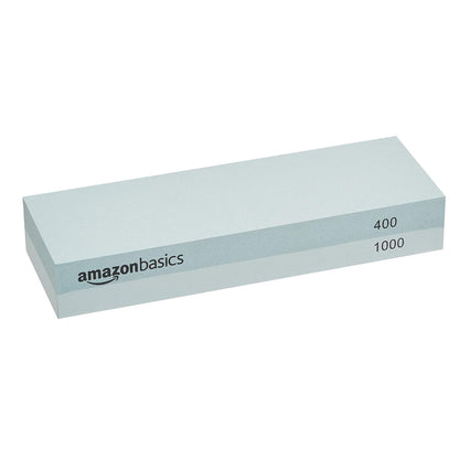 Amazon Basics Whetstone Knife Sharpening Stone, Double-Sided 1000/6000 Grit with Angle Guide, Non-Slip Bamboo Base, Black & Grey