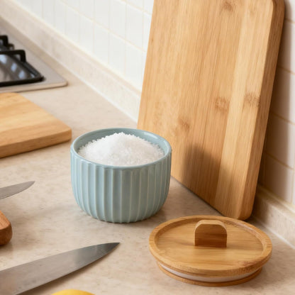 Salt Cellar Keeper with Bamboo Lid, 14oz Big Capacity Ceramic Sugar Bowls Pepper Box, Crackle Glaze Seasoning Container Condiment Pot for Kitchen (Blue Color)