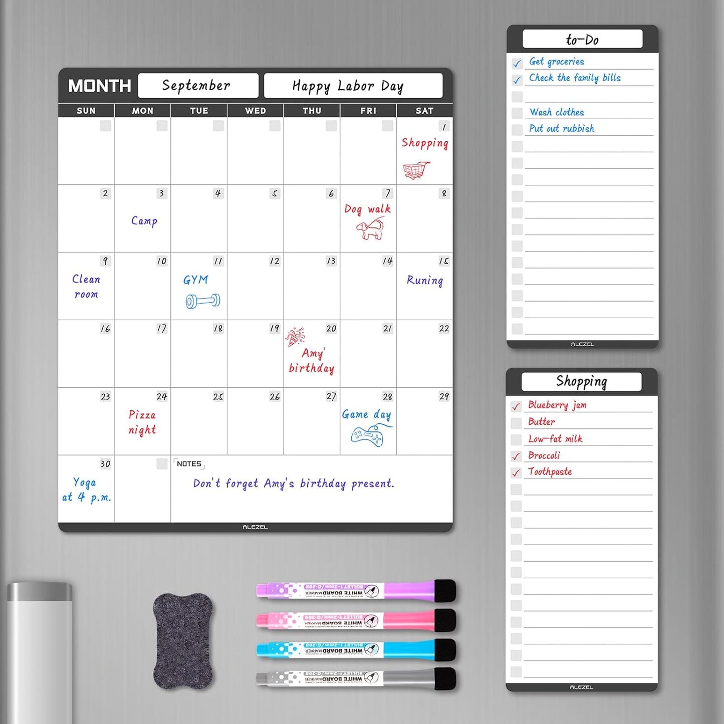 ALEZEL Dry Erase Calendar for Refrigerator, Greenery Magnetic Fridge Calendar Whiteboard - Set of Vertical Monthly Dry Erase Calendar for Fridge & 2 List Board, 4 Markers + Eraser
