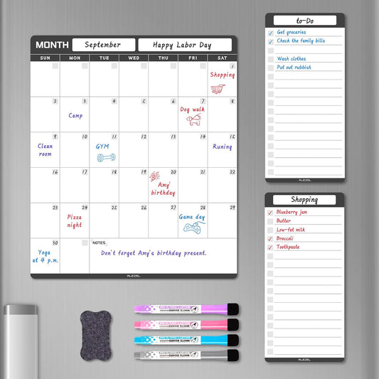 ALEZEL Dry Erase Calendar for Refrigerator, Greenery Magnetic Fridge Calendar Whiteboard - Set of Vertical Monthly Dry Erase Calendar for Fridge & 2 List Board, 4 Markers + Eraser