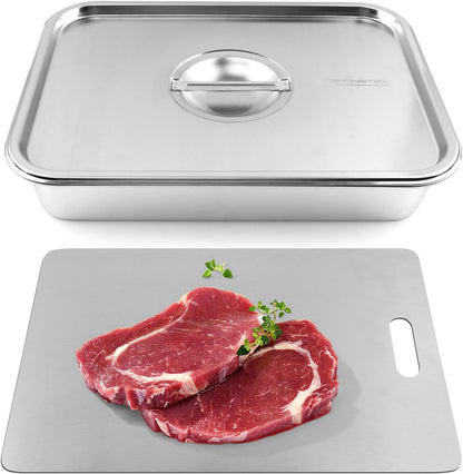 Grilling Prep and Serve Tays Set of 4, Stainless Steel Large Food Prep Tray, Grill Carry System, Marinade Container with Lid and Cutting Board, BBQ Grill Accessories (Color:Sliver)