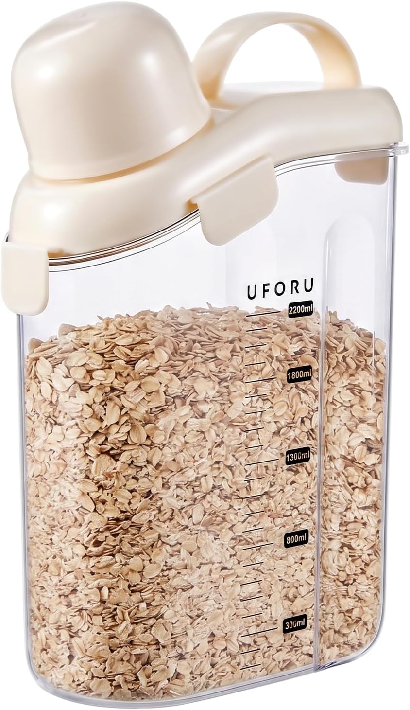 UFORU Cereal Containers Storage 2.1L, Airtight Rice Container with lids for grain, flour and beans, Pouring Spout & Handle, BPA-Free for Pet Food Storage(Cream White)