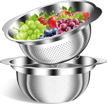 Stainless Steel Strainer with Mixing Bowl, Rice Washer, Colander for Kitchen, Rice Strainer, Fruit and Vegetable Wash, Microporous Colander, Fruit Cleaner Bowl, Dishwasher Safe