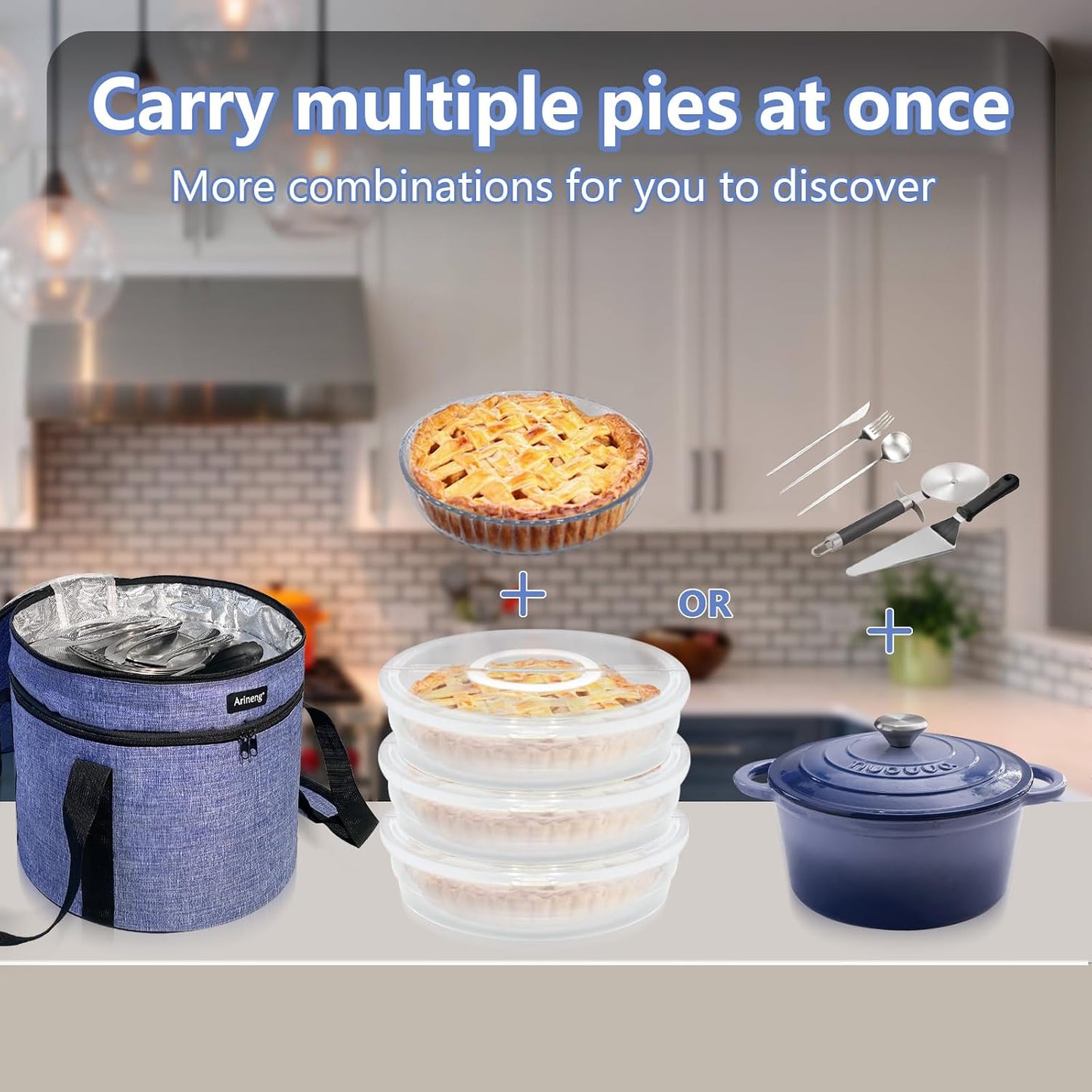 3 pack pie carrier with lid and handle,of insulated bag,pie carriers for transport,Holds 3 pies/Pizza,Thanksgiving Day (Grey, 3 pie carriers + insulated bag)