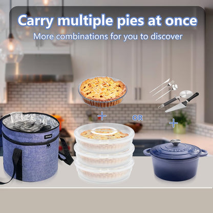 3 pack pie carrier with lid and handle,of insulated bag,pie carriers for transport,Holds 3 pies/Pizza,Thanksgiving Day (Grey, 3 pie carriers + insulated bag)