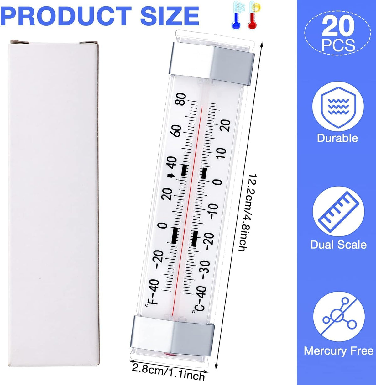 Refrigerator and Freezer Thermometer Fridge Thermometer 2 Pack – Waterproof Analog, Large Dial, Accurate, Easy to Read, Wide Range -40°F to 80°F for Kitchen, Restaurant, Cooler, Lab, Industrial Use