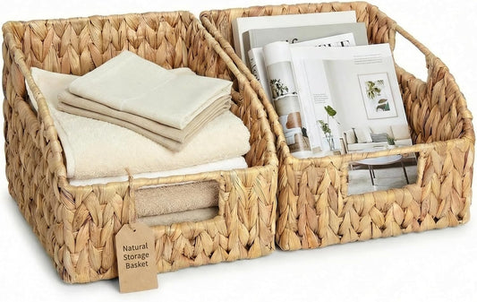 DEILSY™ Water Hyacinth Storage Baskets with Built-in Handles – Handwoven Wicker Pantry Baskets for Shelves, Closet & Kitchen Organization, Eco-Friendly, 2 Pack