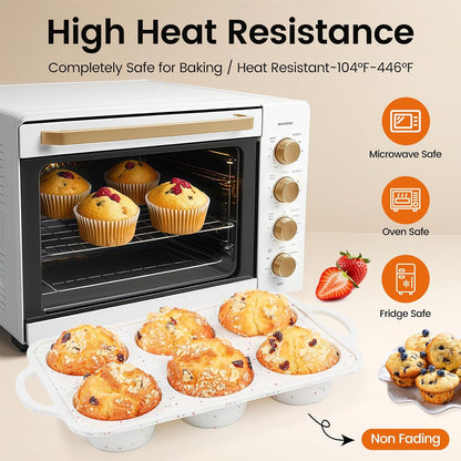 Silicone Muffin Pans With Metal Reinforced Frame - 24 Cups Durable Silicone Baking Pan for Muffins, Cupcakes, BPA Free and Dishwasher Safe - Beige with Rainbow Spots, Set of 2