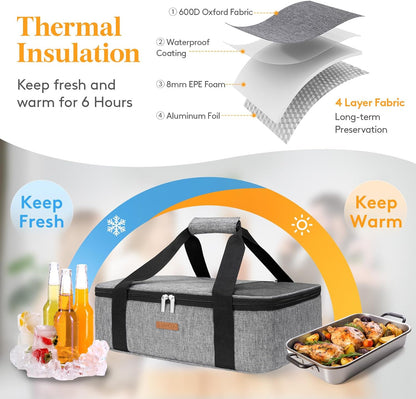 LUNCIA Insulated Single Decker Casserole Carrier, Lasagna Lugger Tote Keeps Food Hot or Cold, Thermal Lunch Bag for Potluck Parties, Picnic and Cookouts, Fits 9" x 13" Baking Dish, Black