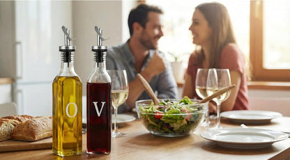 GREENOLIVE Olive Oil and Vinegar Dispenser Set - 17 oz. Glass Bottles with No-Drip BPA-Free Spouts - Stylish O and V Identifiers for Kitchen and Dining Use, Olive Oil Dispenser Bottle - Set of 2