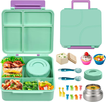 JSLOVE Bento Lunch Box with Leak Proof Thermos Food Jar for Kids, Food Lunch Containers for Boys with 4 Compartments, BPA-Free with Utensils, Food Picks, Sauce Jar & Silicone Lunch Box Dividers