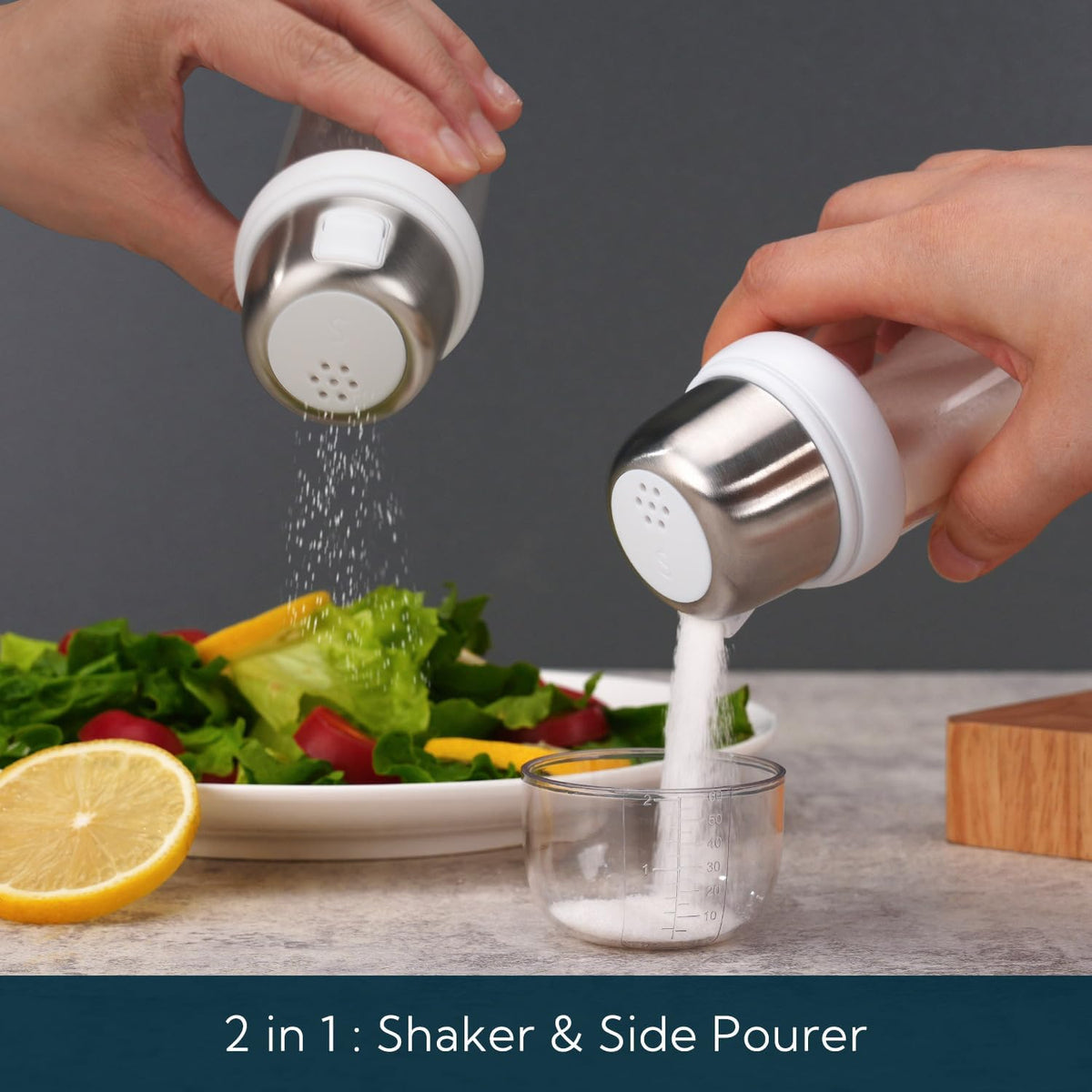 KTCHENDAO 2 in 1 Glass Salt and Pepper Shaker with Side Pour Spout, Built-in Lid for Moisture-proof, Elegant Borosilicate Glass Salt Pepper Dispenser set for Kitchen, BPA Free, 4oz (White)