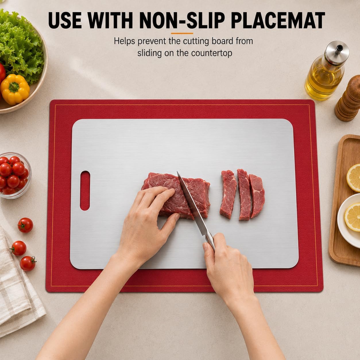 4 Pcs Stainless Steel Cutting Board, Metal Cutting Boards for Kitchen, Dishwasher Safe Chopping Board with Extra Anti-Slip Placemat (17.9"×11.8", 15.3"×11", 13.4"×9", 11.4"×7.8")