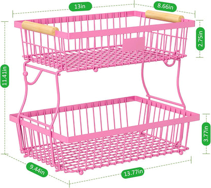 2 Tier Fruit Basket for Kitchen Counter with 2 Banana Hangers, Countertop Metal Bread Basket with Wooden Handle, Large Storage Stand for Vegetables, Snacks, Eggs, Produce Storage – Black