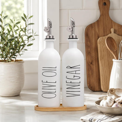 HOMCDALY Premium Olive Oil Dispenser for Kitchen, 11.8oz Glass Oil Bottles with Bamboo Tray, White Oil&Vinegar Cruet Set, Kitchen Dispenser Bottles with Pourer| Set of 2 (11.8oz –P–White)
