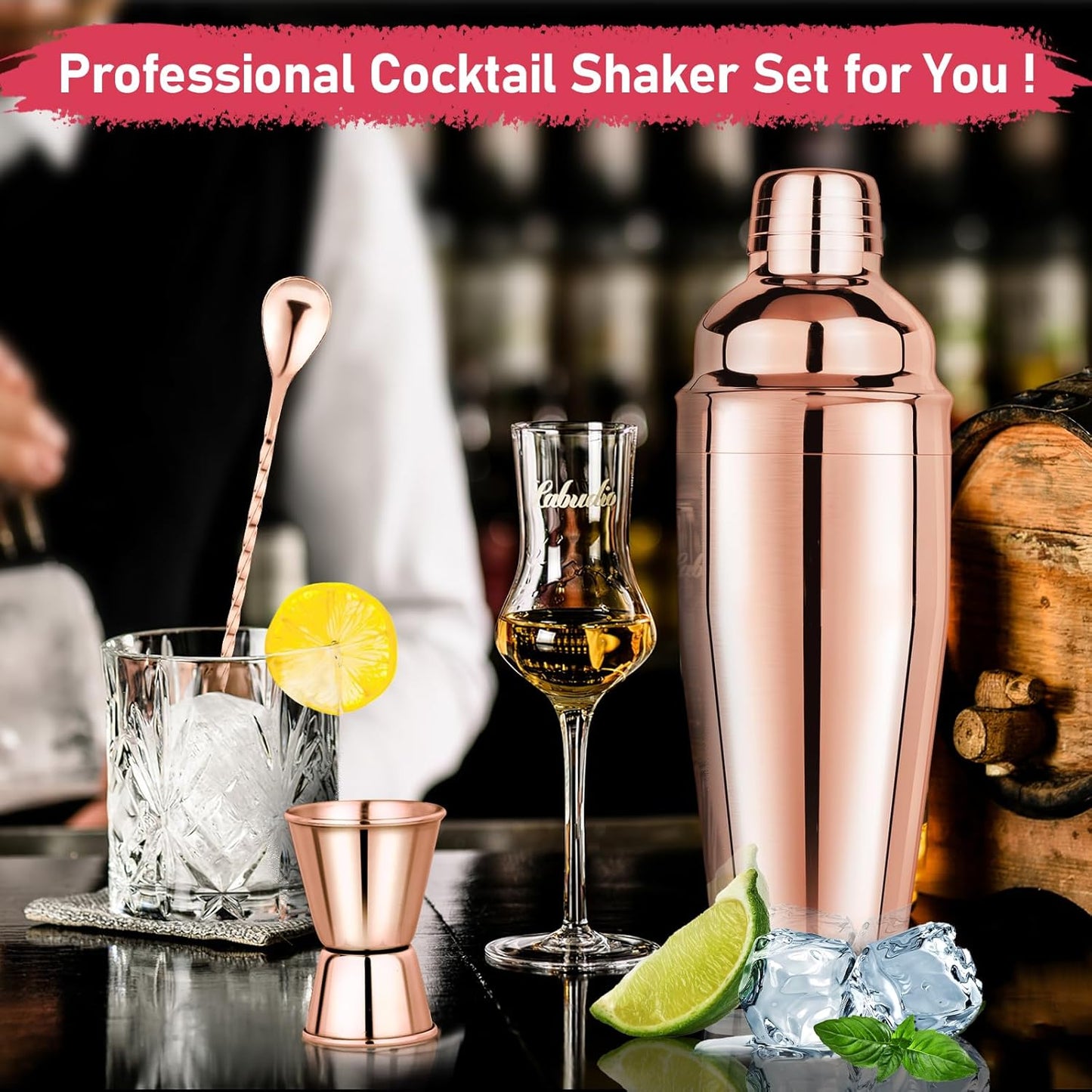 24oz Cocktail Shaker Set Martini Shaker Set Bartender Set with Margarita Mixer Drink Shaker, Measuring Jigger and Mixing Spoon - Professional 18/8 Stainless Steel Bar Tools for Mixed Drinks