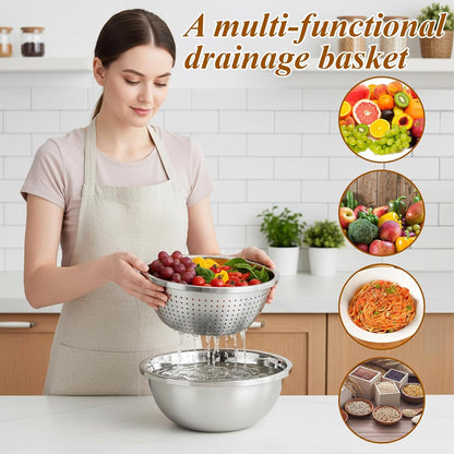 304 Stainless Steel Colander and Strainer, 5QT Large Capacity with Mixing Bowl, Micropore for Washing Rice, Vegetables, Fruit, Grain, Bean, and Draining Cooked Pasta, Dishwasher Safe