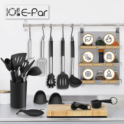 E-far Silicone Cooking Utensils Set, 7 Pcs Heat Resistant Kitchen Utensils with Stainless Steel Handle, Slotted Turner, Spoon, Soup Ladle, Pasta Server, Skimmer, Tongs for Nonstick Cookware, Black
