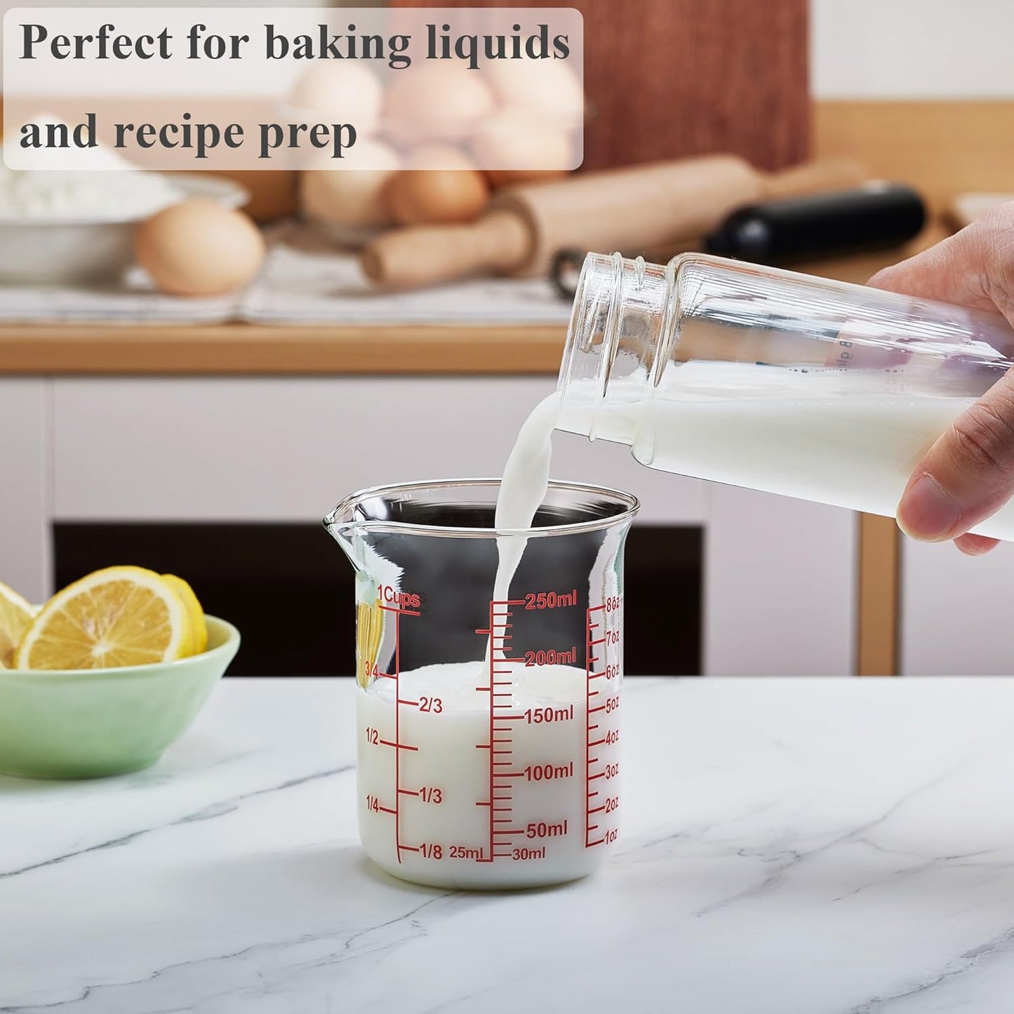 3 Piece Glass Measuring Cup Set, Includes 1/2-Cup, 1-Cup, and 2-Cup High Borosilicate Glasss Liquid Measuring Cups, Dishwasher, Freezer, Microwave, and Preheated Oven Safe, Essential Kitchen Tools