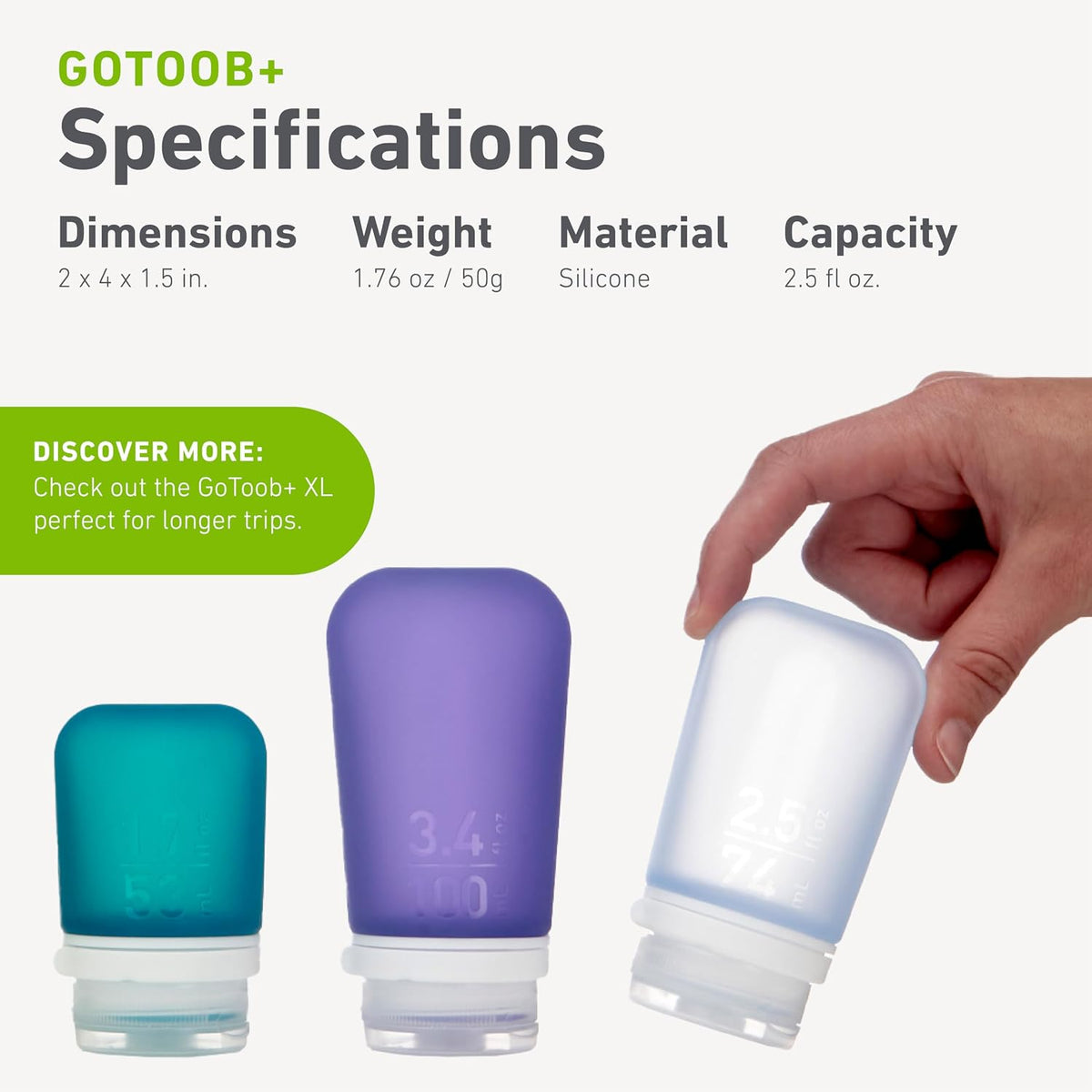 humangear GoToob+ (XL) | Refillable Silicone Travel Bottle | Locking Lid | Food-Safe Material | Blue, XL (6 fl.oz.; 177ml)