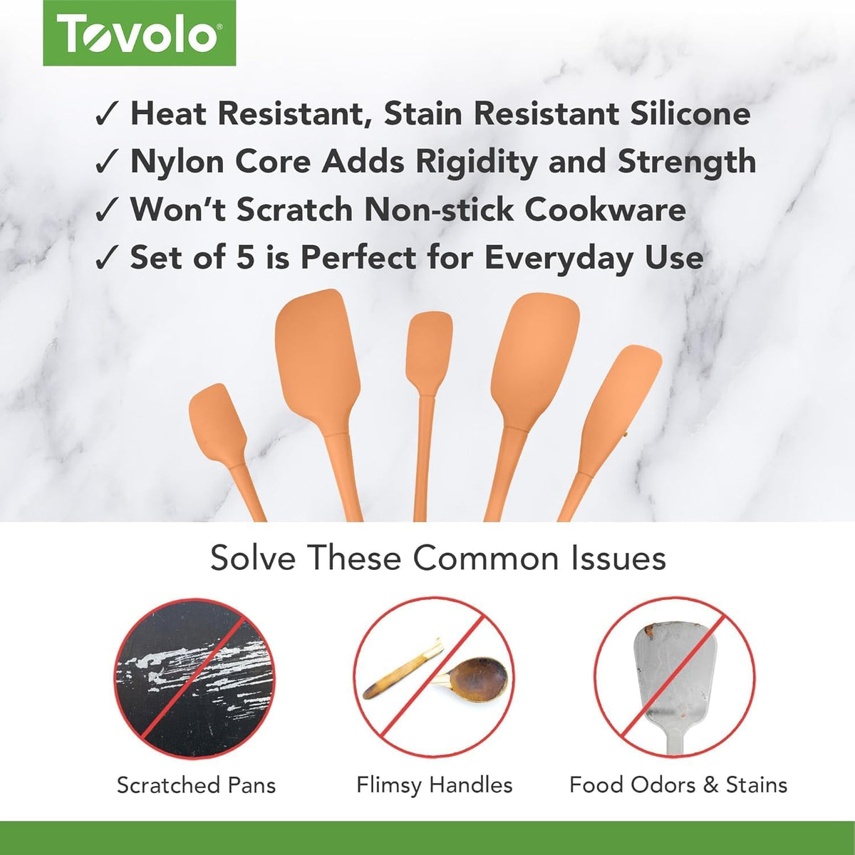 Tovolo Flex Core 5 Piece Silicone Spatula Set Heat Resistant All Silicone Utensils Include Non Stick Spatula Spoonula Jar Scraper, Dishwasher Safe BPA Free Spatulas for Baking Mixing, White
