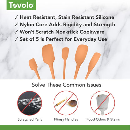 Tovolo Flex Core 5 Piece Silicone Spatula Set Heat Resistant All Silicone Utensils Include Non Stick Spatula Spoonula Jar Scraper, Dishwasher Safe BPA Free Spatulas for Baking Mixing, White