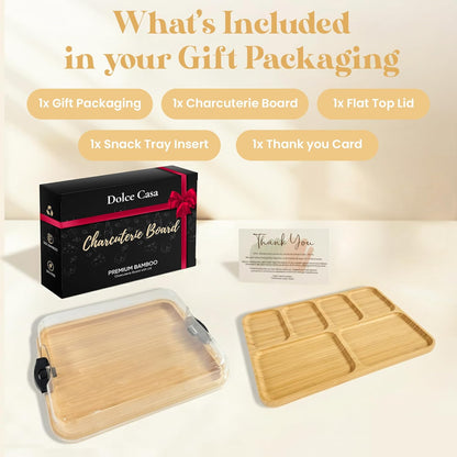 Charcuterie Board with Lid 3-in-1, Portable Bamboo Serving Tray with Lid & Removable Snack Tray for Cheese, Fruit, Food - Covered Cheese Platter for Picnic, Travel, Ready-to-Gift