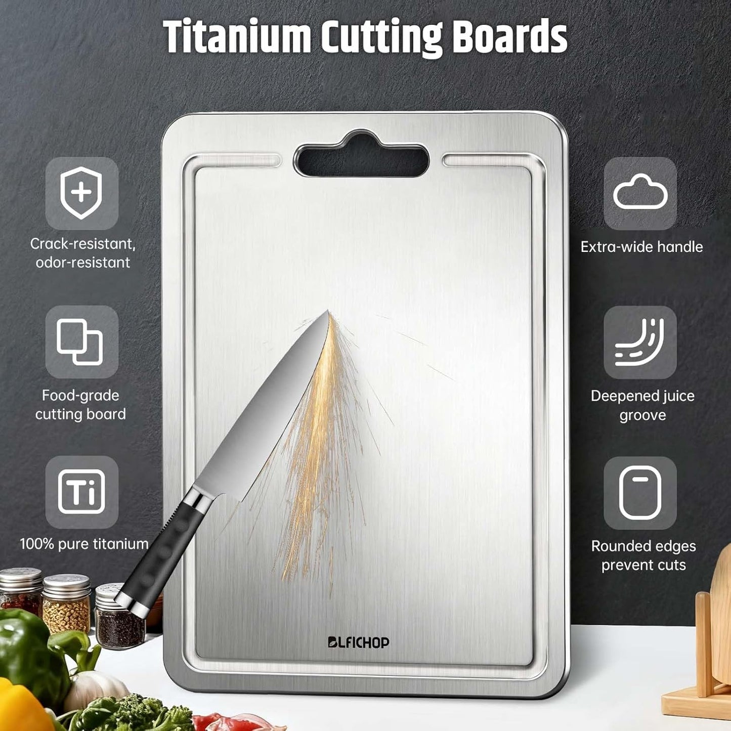 100% Pure Titanium Cutting Boards with Juice Groove, Metal Chopping Boards for kitchen Double-Sided Non-Toxic Cutting Borad Meat, Vegetables and Fruits, Dishwasher Safe, Grey (18 * 12in）