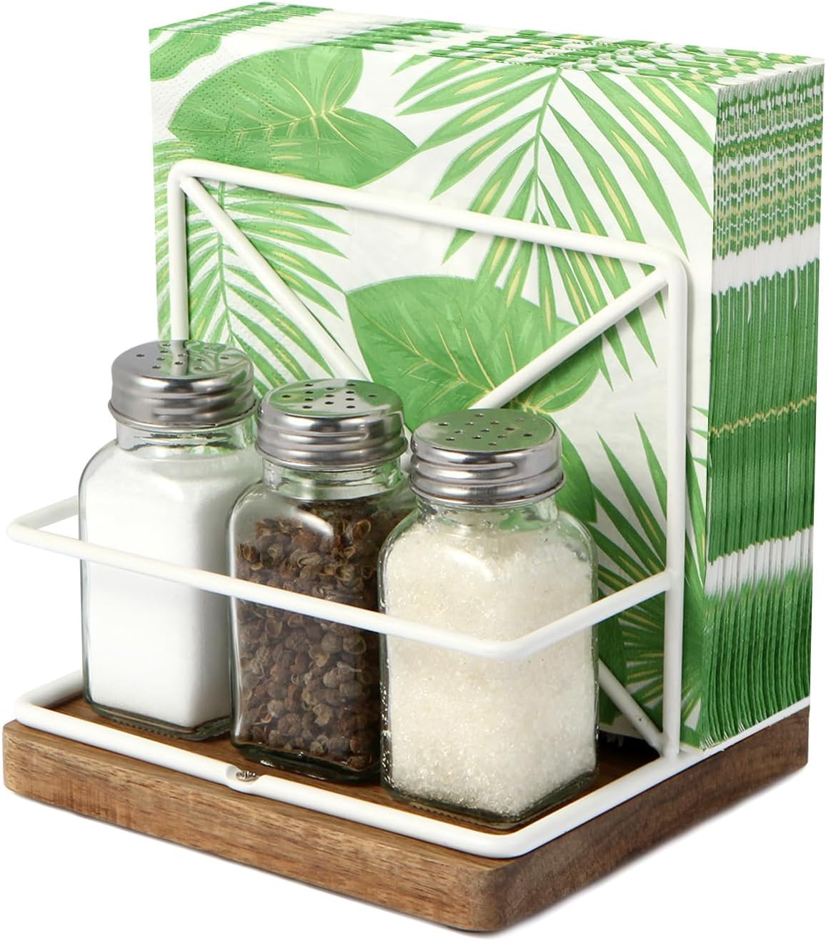 Napkin Holder for Table, Paper Napkins Salt and Pepper Shakers Caddy holder, Paper Napkins Kitchen Dining Table Decor, Wood & Metal Base, White