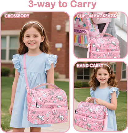 FlowFly Kids Double Decker Cooler Insulated Lunch Bag Large Tote for Boys, Girls, Men, Women, With Adjustable Strap, Unicorn